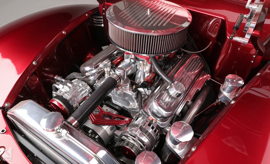Beautiful polished engine in a custom 1940 Ford Hot Rod